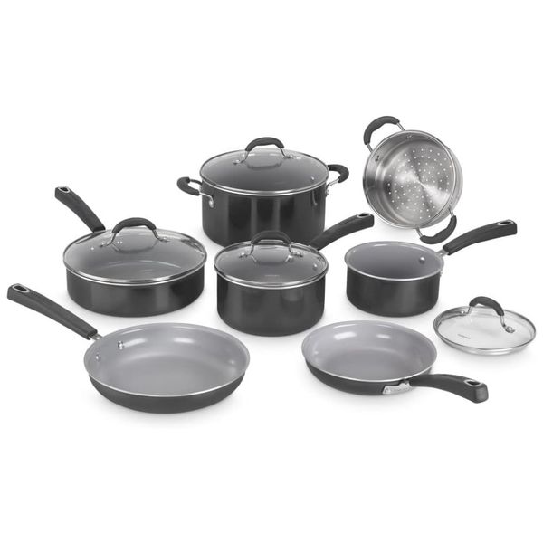 Jogo de Panelas com Interior Antiaderente Revestido de Cerâmica e Reforçado com Titânio, com 11 Peças, Cabo em Silicone e Tampas de Vidro, Cuisinart
