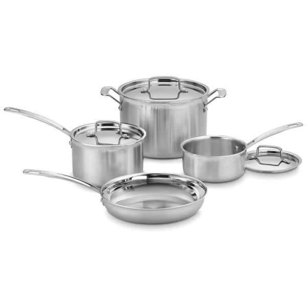 Jogo de Panelas e Frigideiras em Aço Inoxidável com 7 Peças,  Acabamento Espelhado e Visual Clássico, Cuisinart MCP-7NP1, Prata