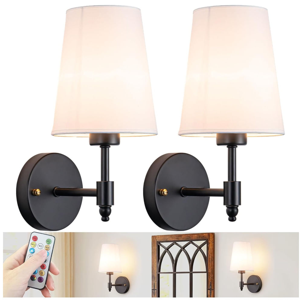 Conjunto de Luminária de Parede Sem Fio com 2 Peças, Estilo Retrô, Carregamento USB e 7 Opçoes de Cores RGB, Slywise, Preta