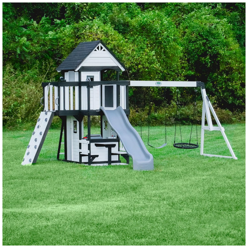 Playground Infantil de Madeira com Parede de Escalada, Escorregador de Ondas, Balança de Teia, Varanda e 2 Balanços de Cinto, Backyard Discovery,