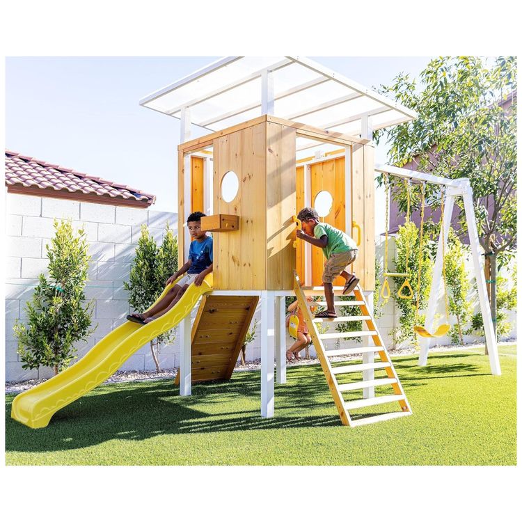 Playground-Infantil-de-Madeira-com-Escorregador-Balancos-Imagem-1