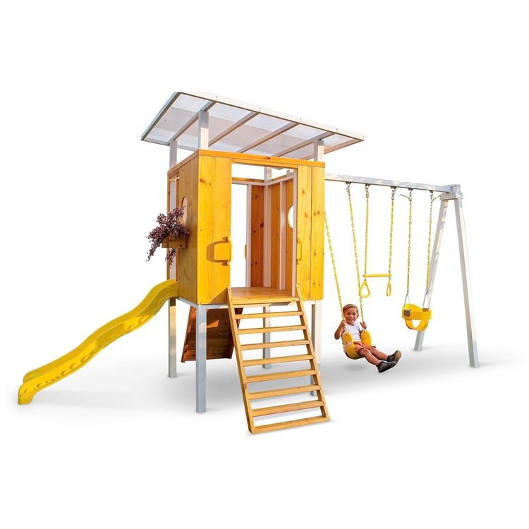 Playground-Infantil-de-Madeira-com-Escorregador-Balancos-Imagem-3