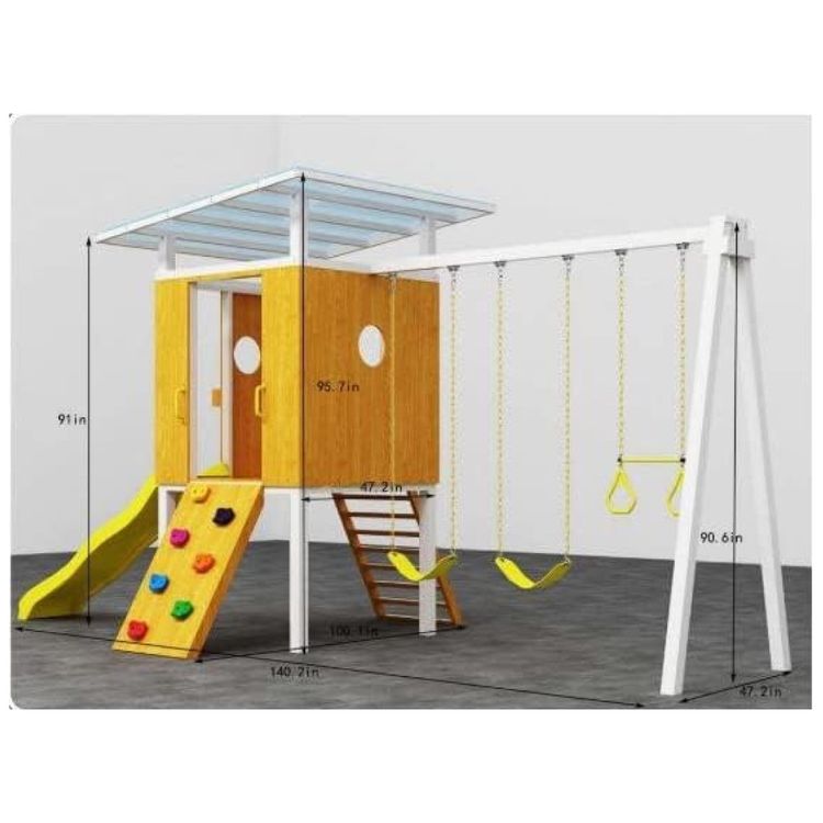 Playground-Infantil-de-Madeira-com-Escorregador-Balancos-Imagem-4