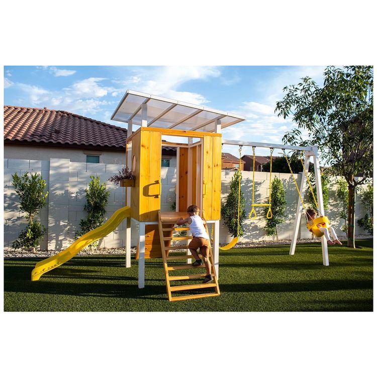 Playground-Infantil-de-Madeira-com-Escorregador-Balancos-Imagem-6