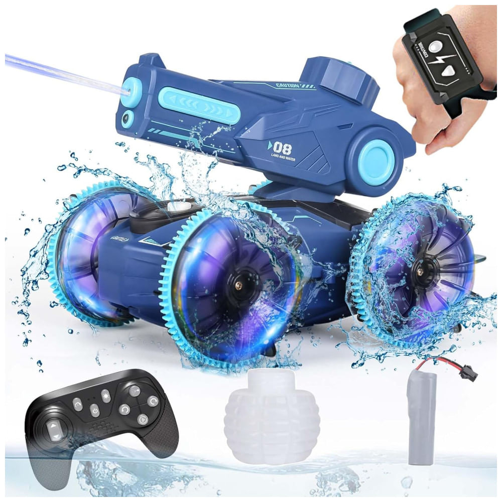 Carro de Controle Remoto 3 em 1, Carro, Barco e Tanque com Jato de Água, Luzes e Controle por Gestos, KB KAIBO, Azul
