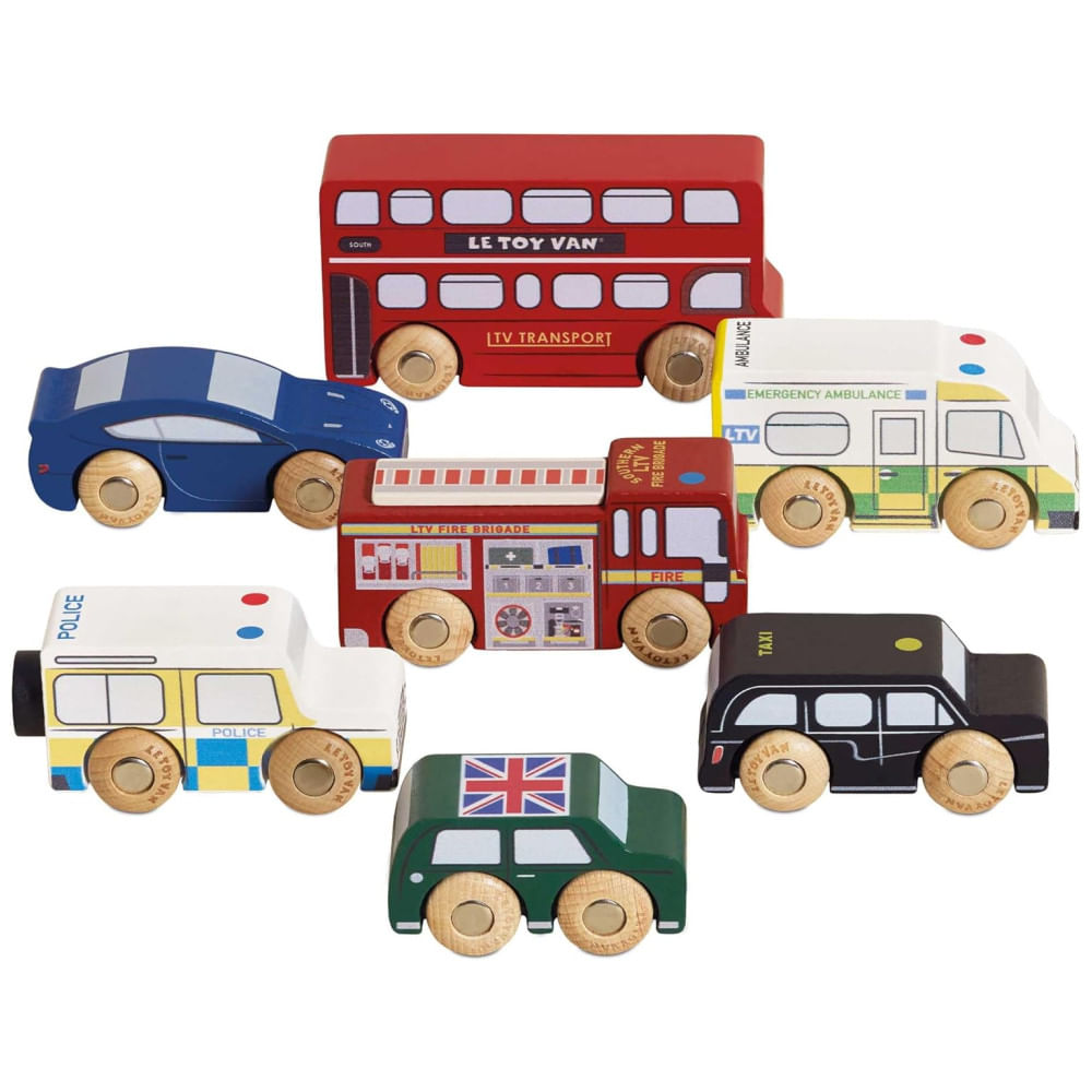 Encontraproduto.com.br - Conjunto de Carros London, Brinquedos de Madeira Premium para Crianças de 3+ Anos, Inclui 7 Peças - Le Toy Van
