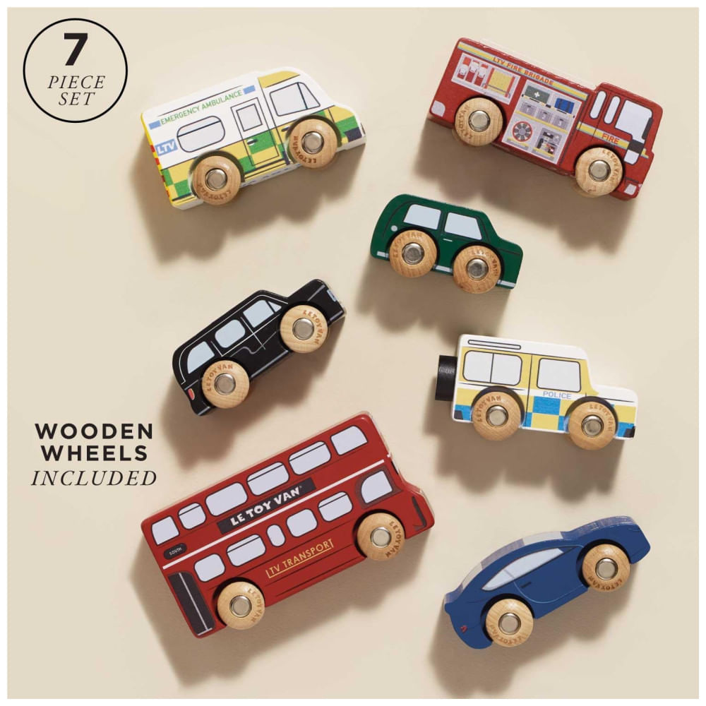 Encontraproduto.com.br - Conjunto de Carros London, Brinquedos de Madeira Premium para Crianças de 3+ Anos, Inclui 7 Peças - Le Toy Van