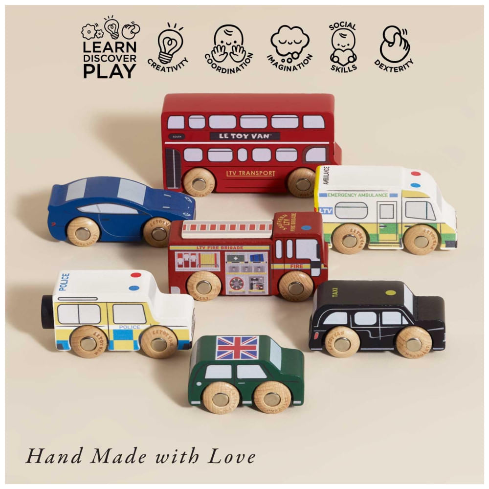 Encontraproduto.com.br - Conjunto de Carros London, Brinquedos de Madeira Premium para Crianças de 3+ Anos, Inclui 7 Peças - Le Toy Van