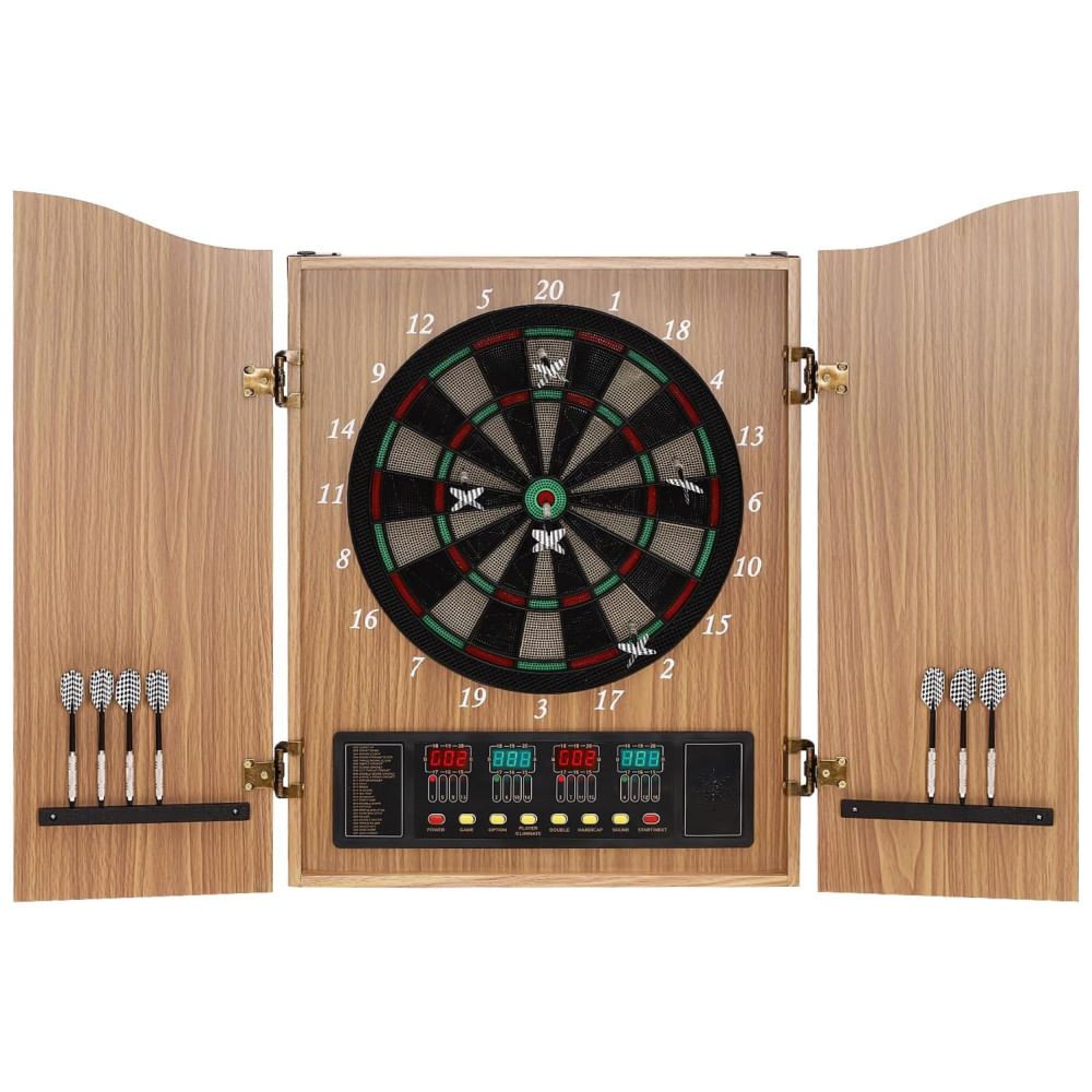 Jogo De Dardos Eletrônico, LED Com Gabinete MDF, Até 16 Jogadores, 27 Jogos, 243 Variações - 12 Dardos De Ponta Suave E 88 Pontas de