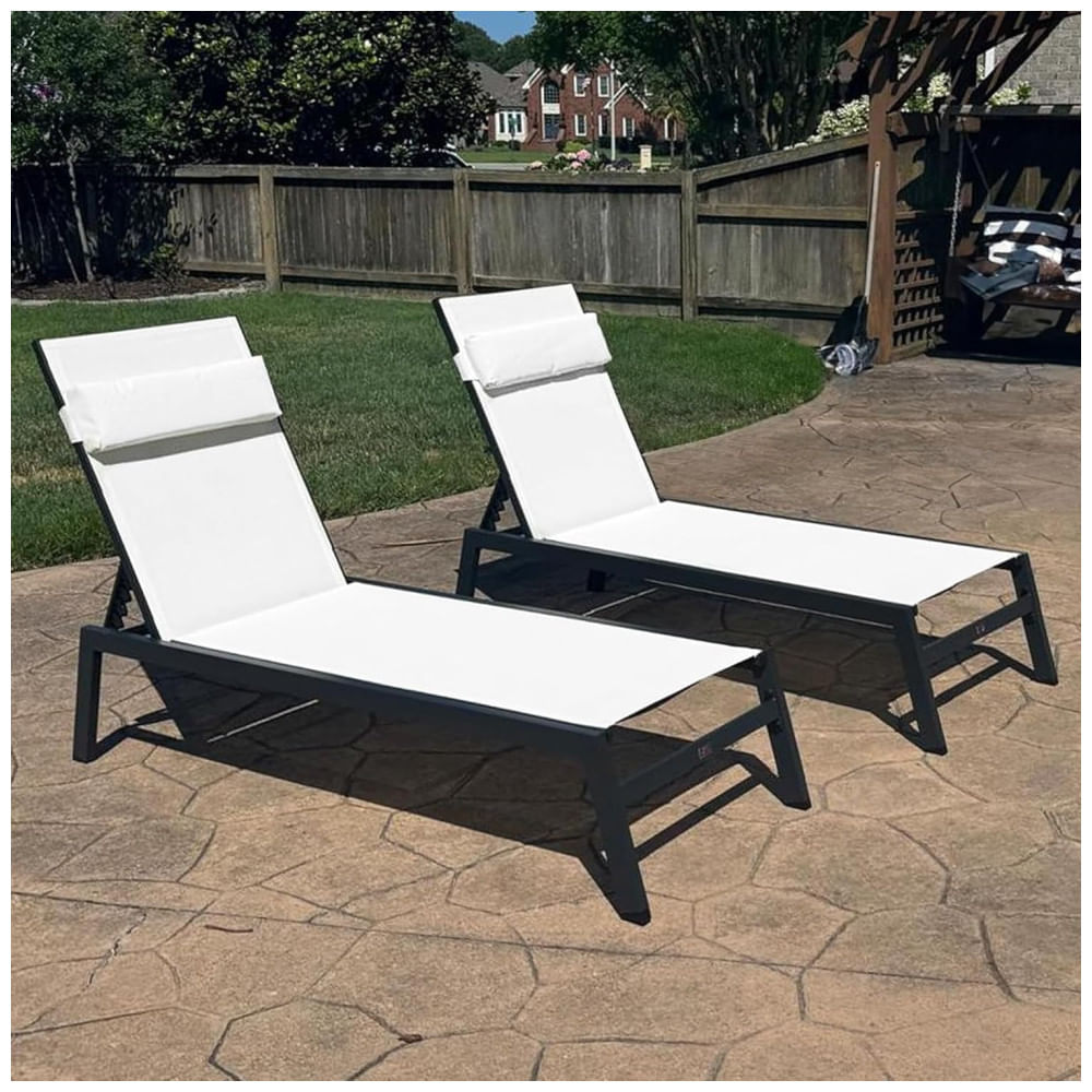 Espreguiçadeiras para Jardim em Alumínio com Mesa Lateral e Almofada, Reclináveis para Piscina e Praia, PURPLE LEAF,Branco