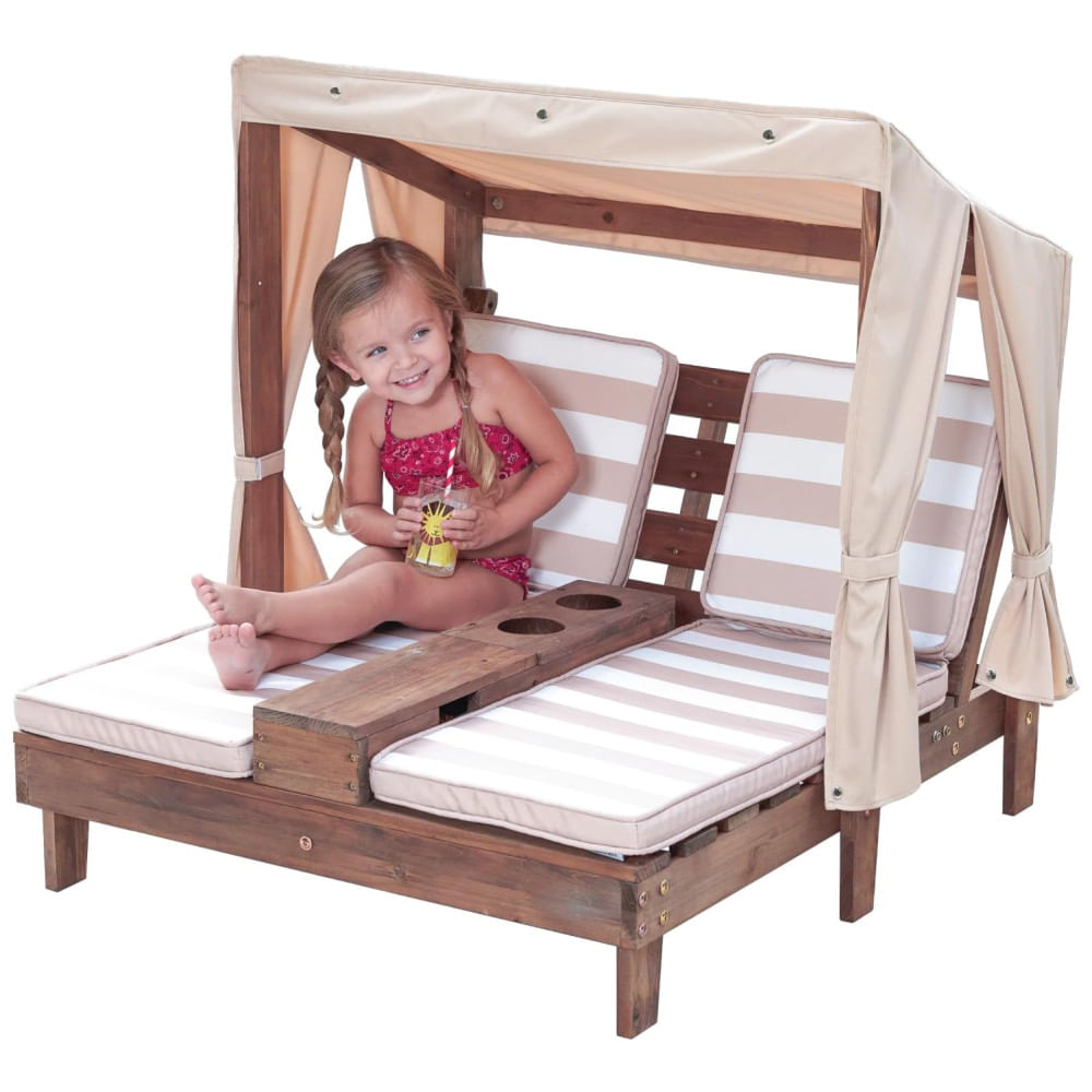 Espreguiçadeira Dupla de Madeira para Exterior com Porta-Copos, Móveis de Pátio para Crianças ou Pets, KidKraft