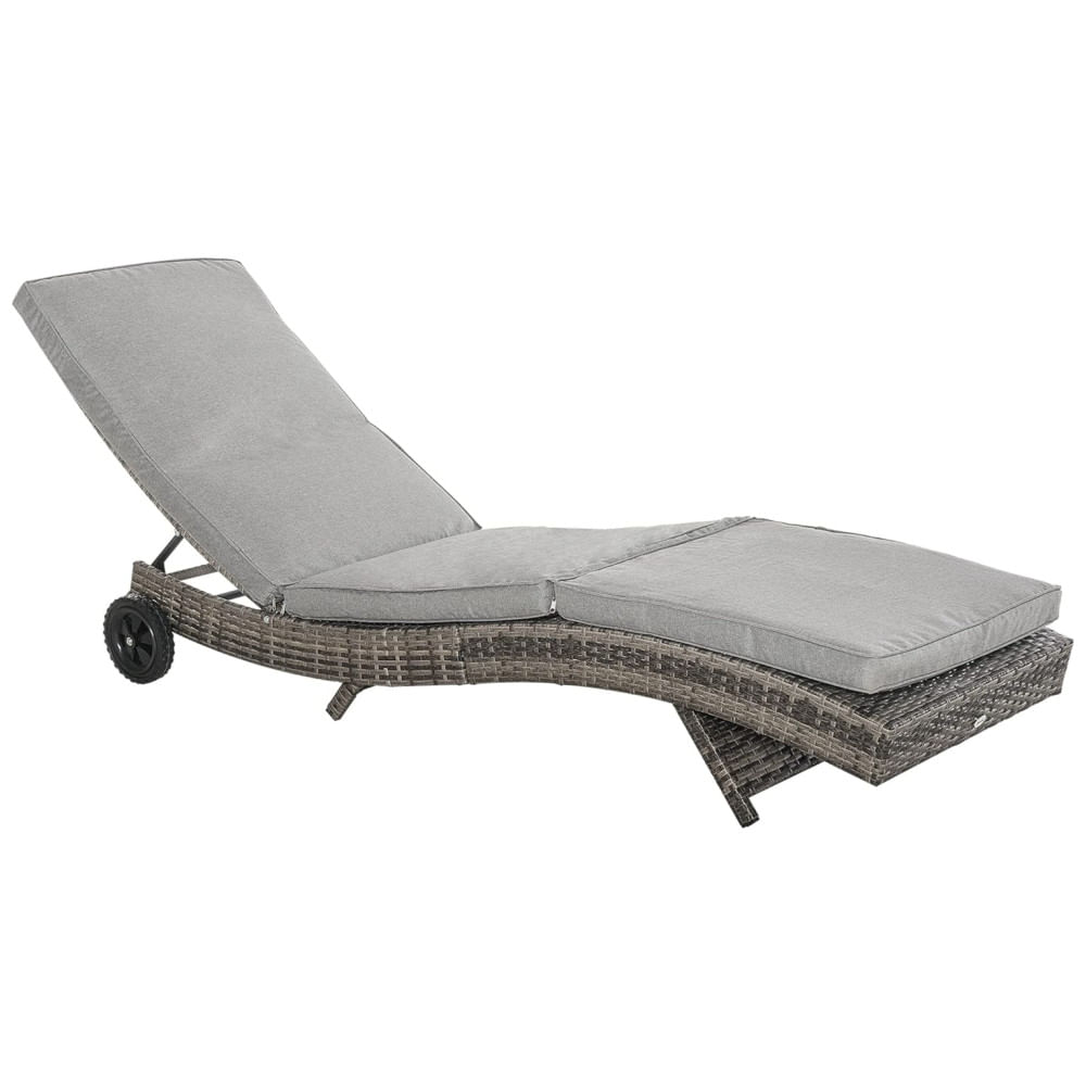 Espreguiçadeira de Vime para Piscina, Rattan PE com Almofada, Encosto Ajustável em 5 Níveis e Rodas para Fácil Movimentação, Outsunny ,Cinza Mesclado