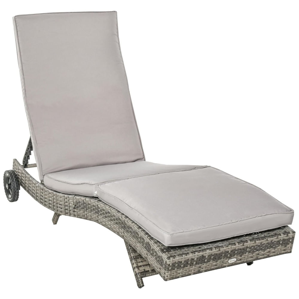 Espreguiçadeira de Vime para Piscina, Rattan PE com Almofada, Encosto Ajustável em 5 Níveis e Rodas para Fácil Movimentação,Outsunny, Cinza