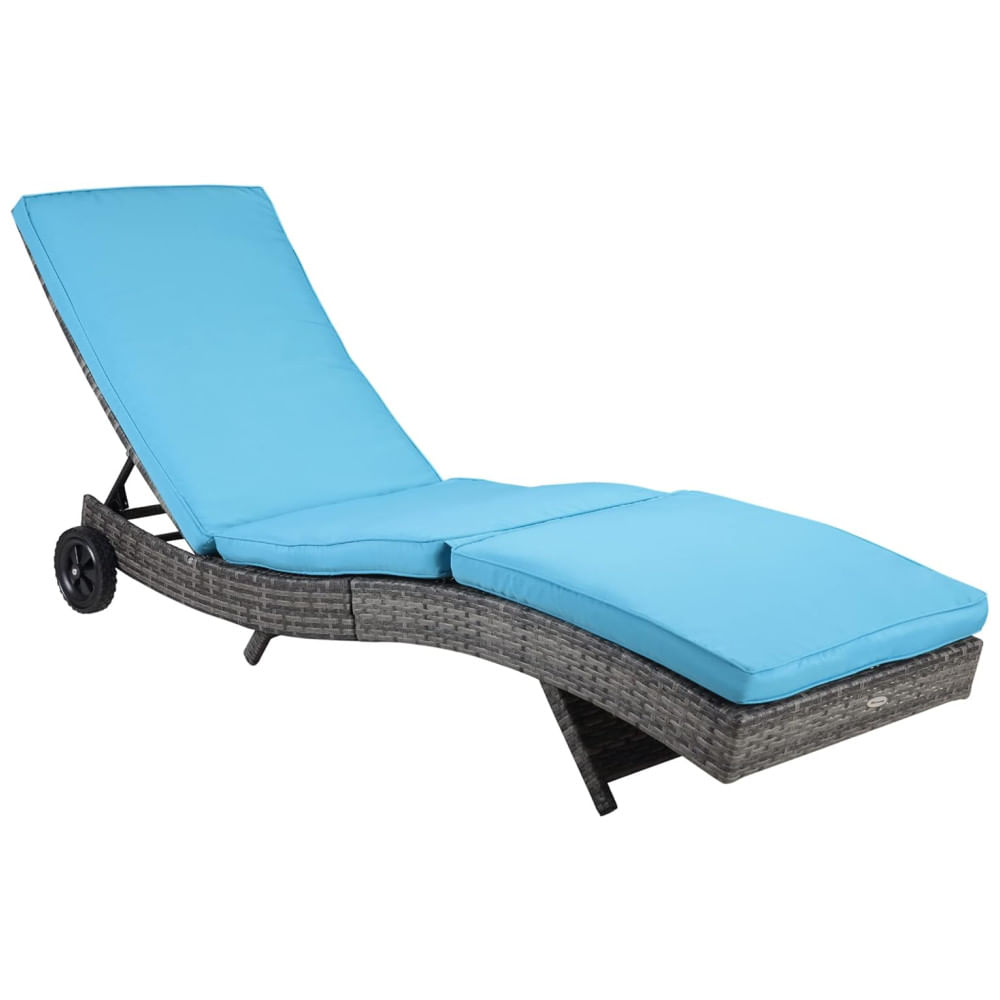 Espreguiçadeira de Vime para Piscina, Rattan PE com Almofada, Encosto Ajustável em 5 Níveis e Rodas para Fácil Movimentação,Outsunny,  Azul Céu