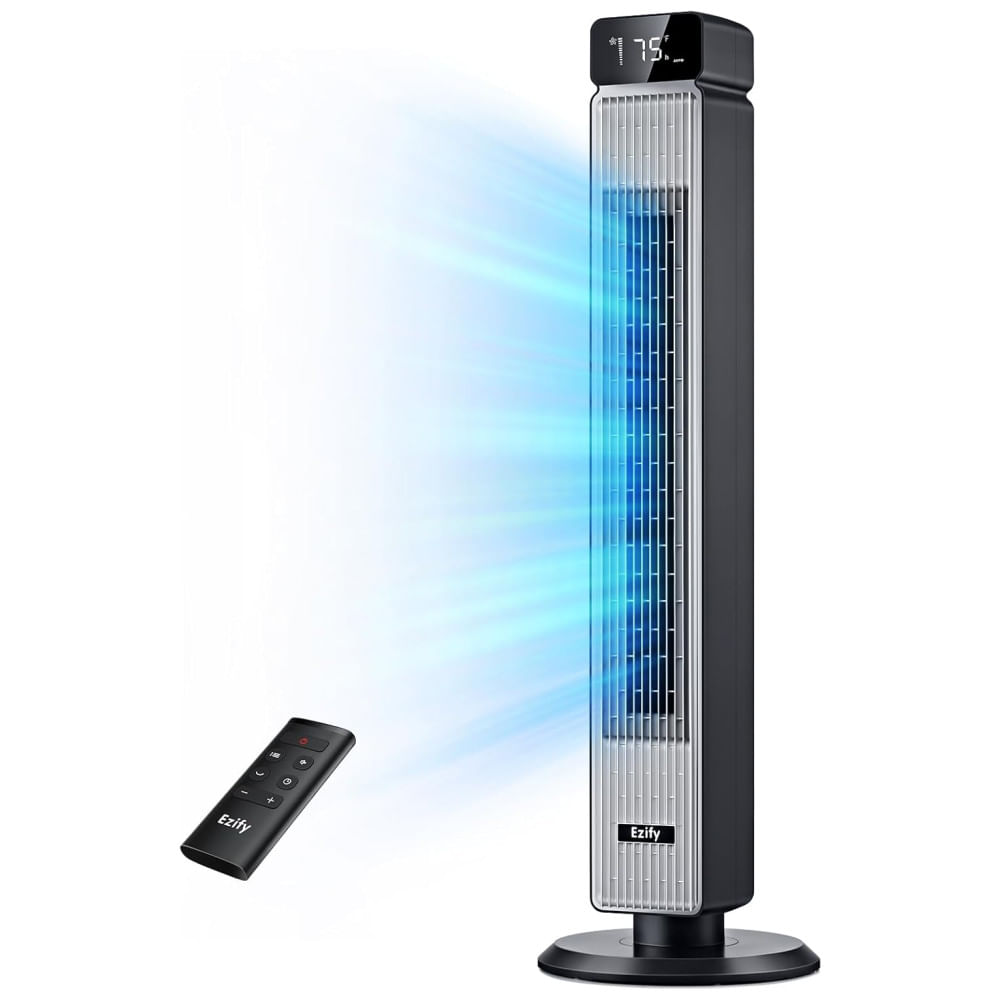 Ventilador de Torre para Quarto, Ventilador de Piso, Silencioso 30dB, Oscilação 90°, 6 Velocidades, 4 Modos, Timer 12H, Controle Remoto,Ezify,Preto