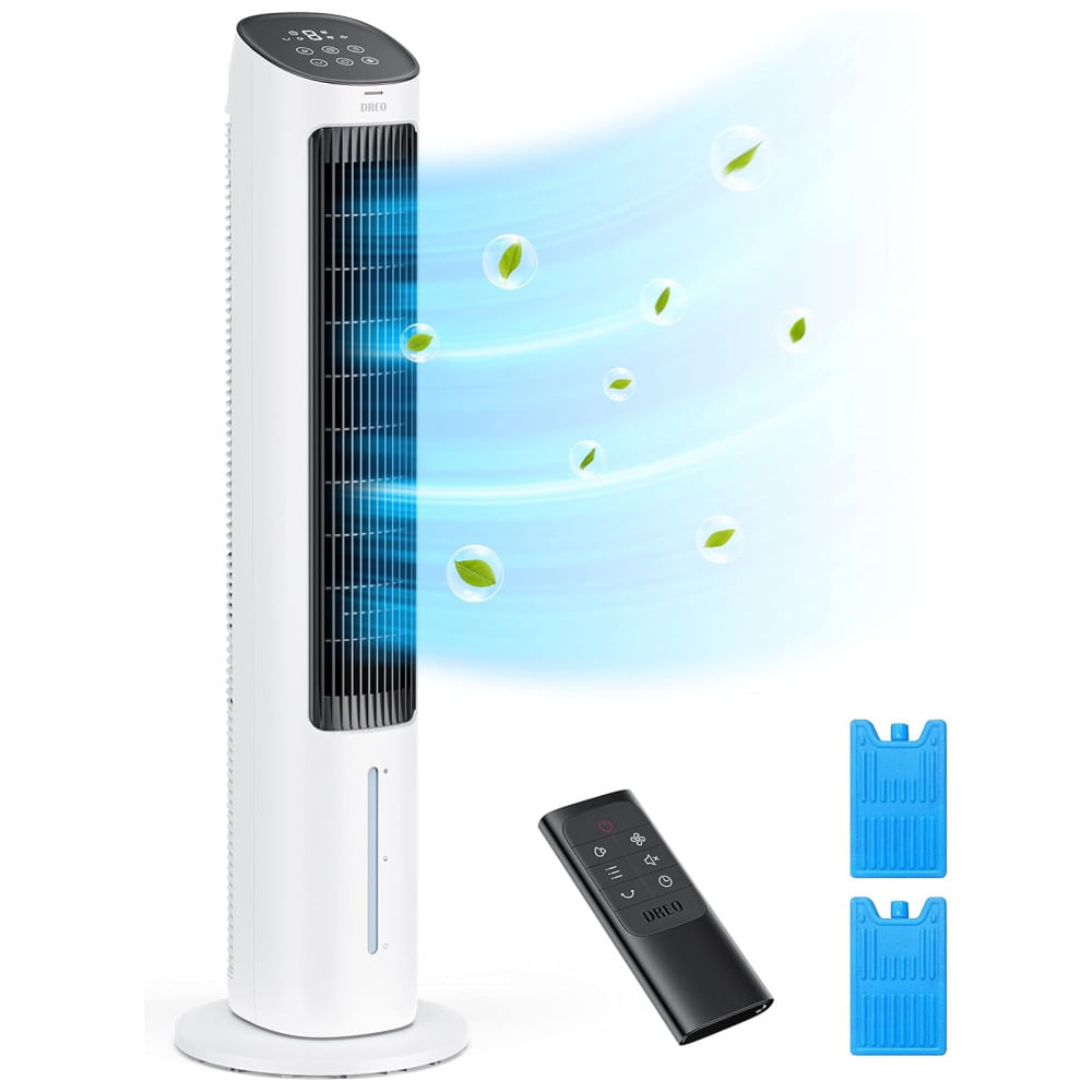 Ventilador de Torre com Ar Frio, Resfriador Evaporativo, Ventilador para Quarto com Oscilação 80°, Pacotes de Gelo, Controle Remoto, 3 Modos, Dreo,