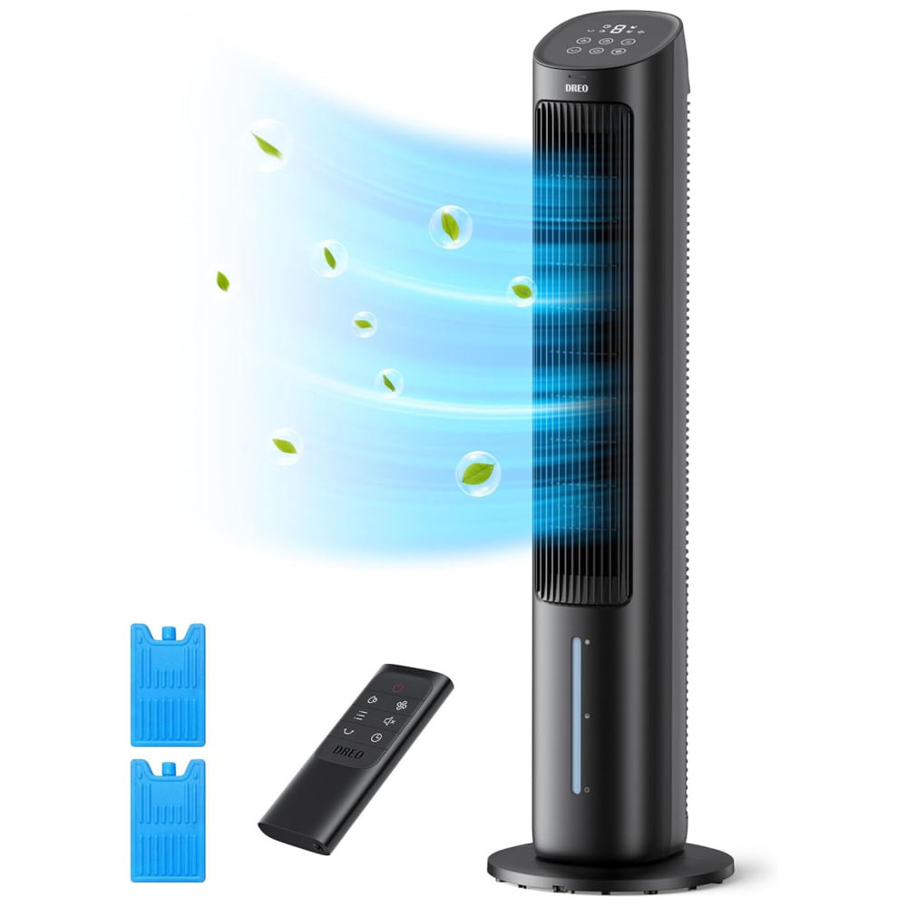 Ventilador de Torre, com Ar Frio, Oscilação 80°, Tanque de Água Removível, Controle Remoto, 4 Velocidades, Timer 7H, Quarto, Dreo ,Preto