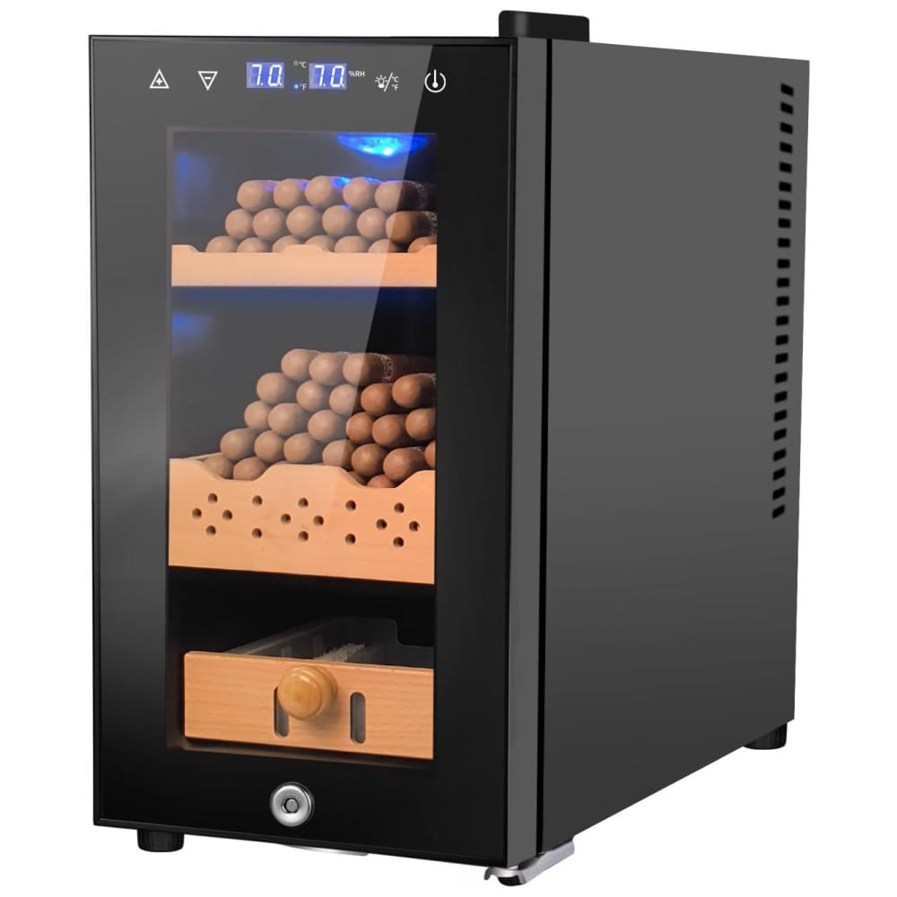 Umidor Elétrico 25L, Capacidade para 150 Cigarros, Controle de Temperatura e Umidade, Prateleiras de Cedro Espanhol, Tela LED, Trava.Velieta