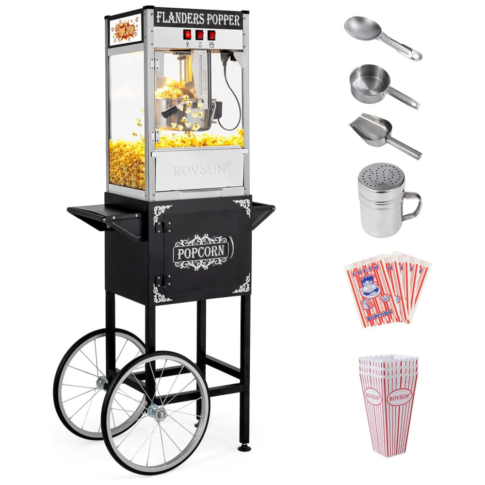 Máquina de Pipoca ROVSUN Estilo Cinema com Carrinho e Rodas, Chaleira de 283 g, Faz Até 15 Litros, Vem com Colher de Pipoca, Colher de Óleo, Copos.