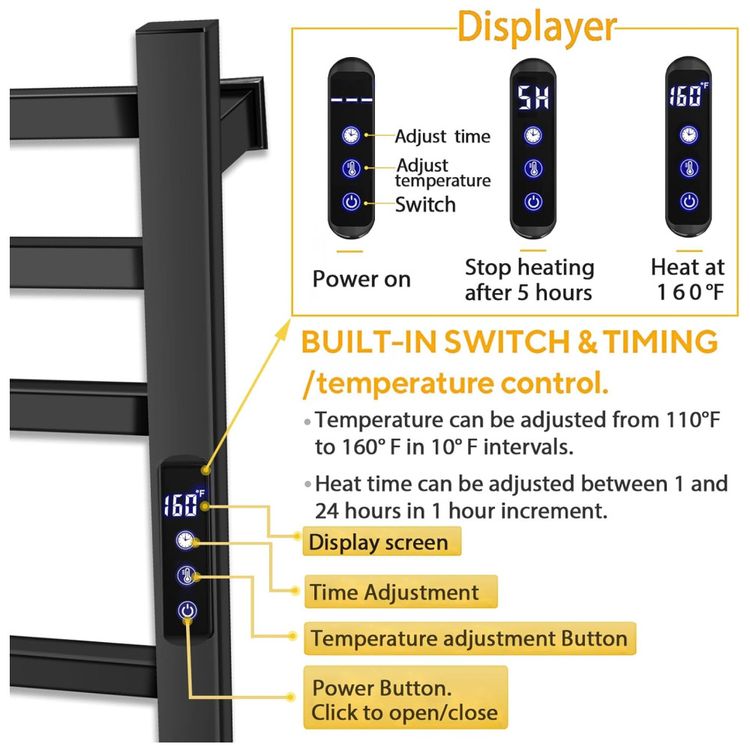 Aquecedor-de-Toalhas-Preto-para-Banheiro-com-TimerDisplay-Imagem-2
