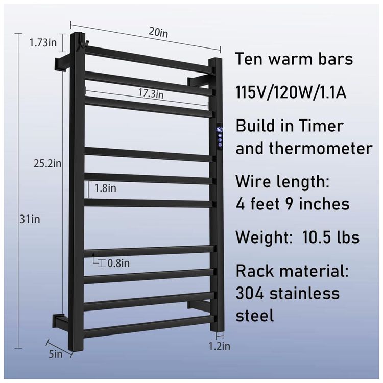 Aquecedor-de-Toalhas-Preto-para-Banheiro-com-TimerDisplay-Imagem-5