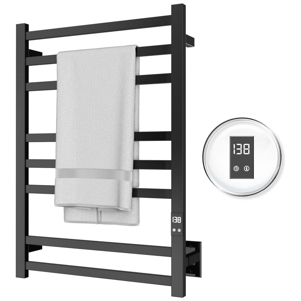 Aquecedor de Toalhas 8 Barras com Aquecimento Rápido, Timer de Desligamento Automático, Acabamento Preto Fosco,Opções com Fiação ou Plugue,Peaktrivol