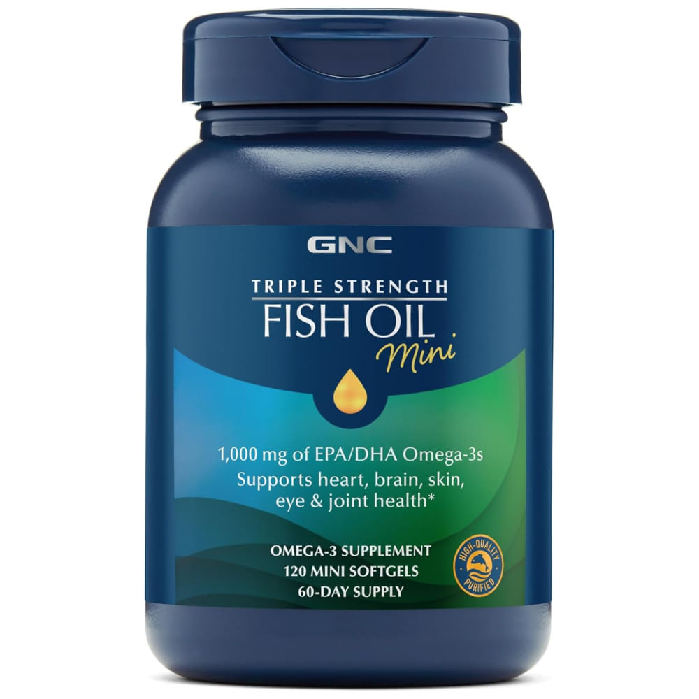 GNC Omega-3 Fish Oil Tripla Força 1000mg, Suporte para Coração, Cérebro, Articulações e Olhos com EPA e DHA, Sem Glúten e Não-OGM, 120 Mini Cápsulas.