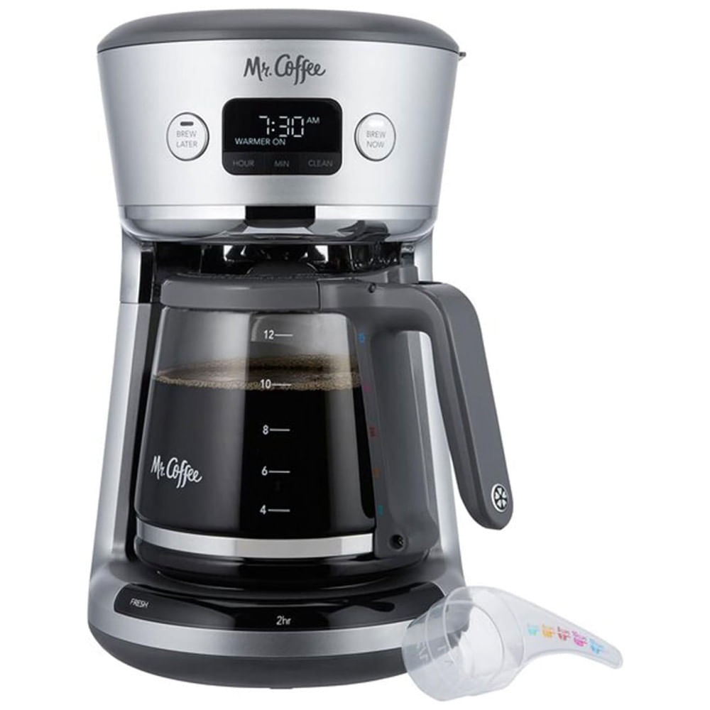 Máquina de Café Programável Mr. Coffee 12 Xícaras com Medição Digital, Filtração de Água e Colher Medidora, Prata. Perfeita para Café Preciso.