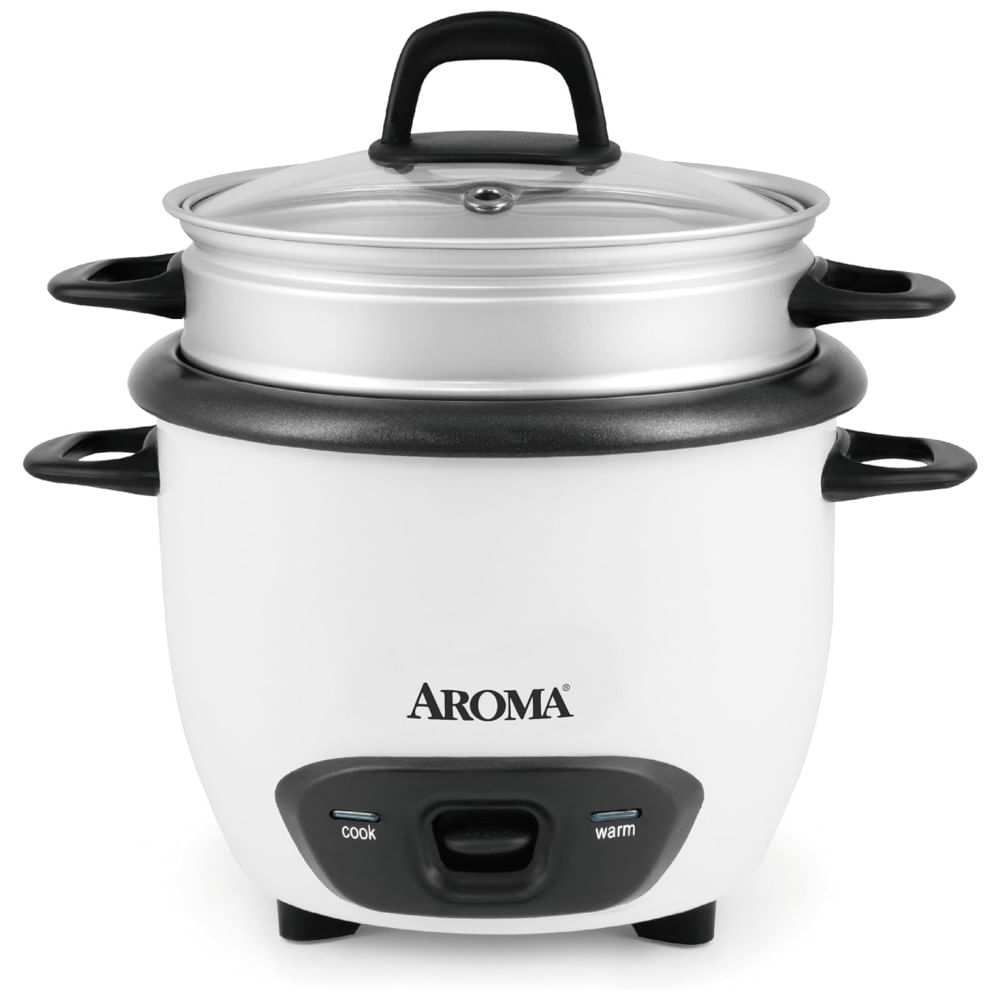 Panela de Arroz e Vaporizador Aroma Housewares 6 Xícaras (cozido) / 3 Xícaras (cru), Estilo Panela, Branco, com Capacidade de 1,8L.