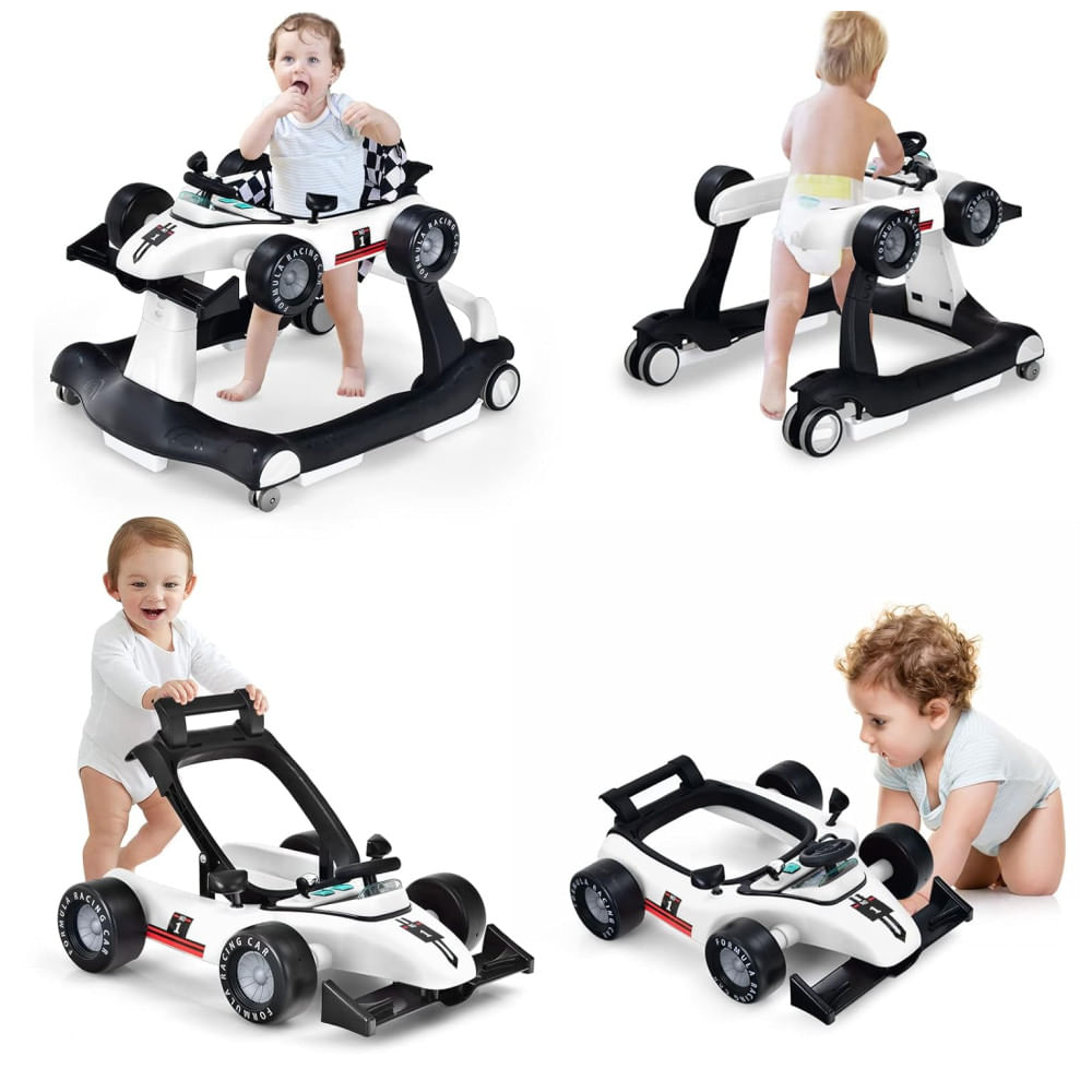 Andador de Bebê  HONEY JOY 4-em-1, Com 3 Alturas Ajustáveis, Rodas Suaves, Velocidade Ajustável, Assento Acolchoado, Música e Luz, Dobrável para Bebês