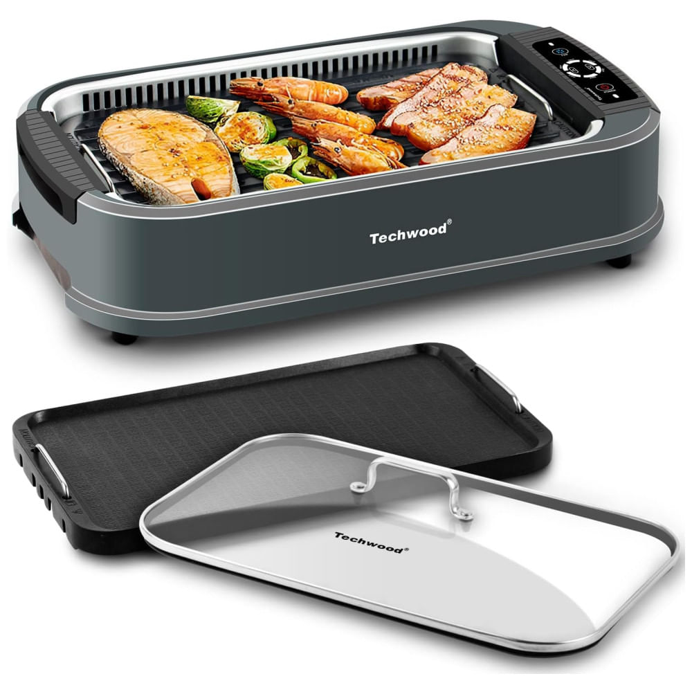 Churrasqueira Elétrica Techwood Sem Fumaça, 1500W, Grelha Coreana de Mesa  com Vidro Temperado, Placas Removíveis de Grelha e Chapa com Bandeja