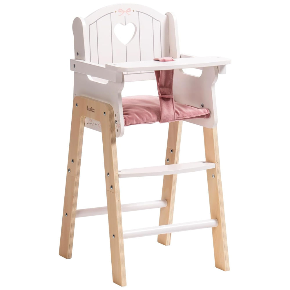 Cadeira de Alimentação Educativa ROBUD Play, Mesa Móvel para Bonecas de 46 a 51 cm, Com Almofada e Acessórios de Madeira, Cor Branca