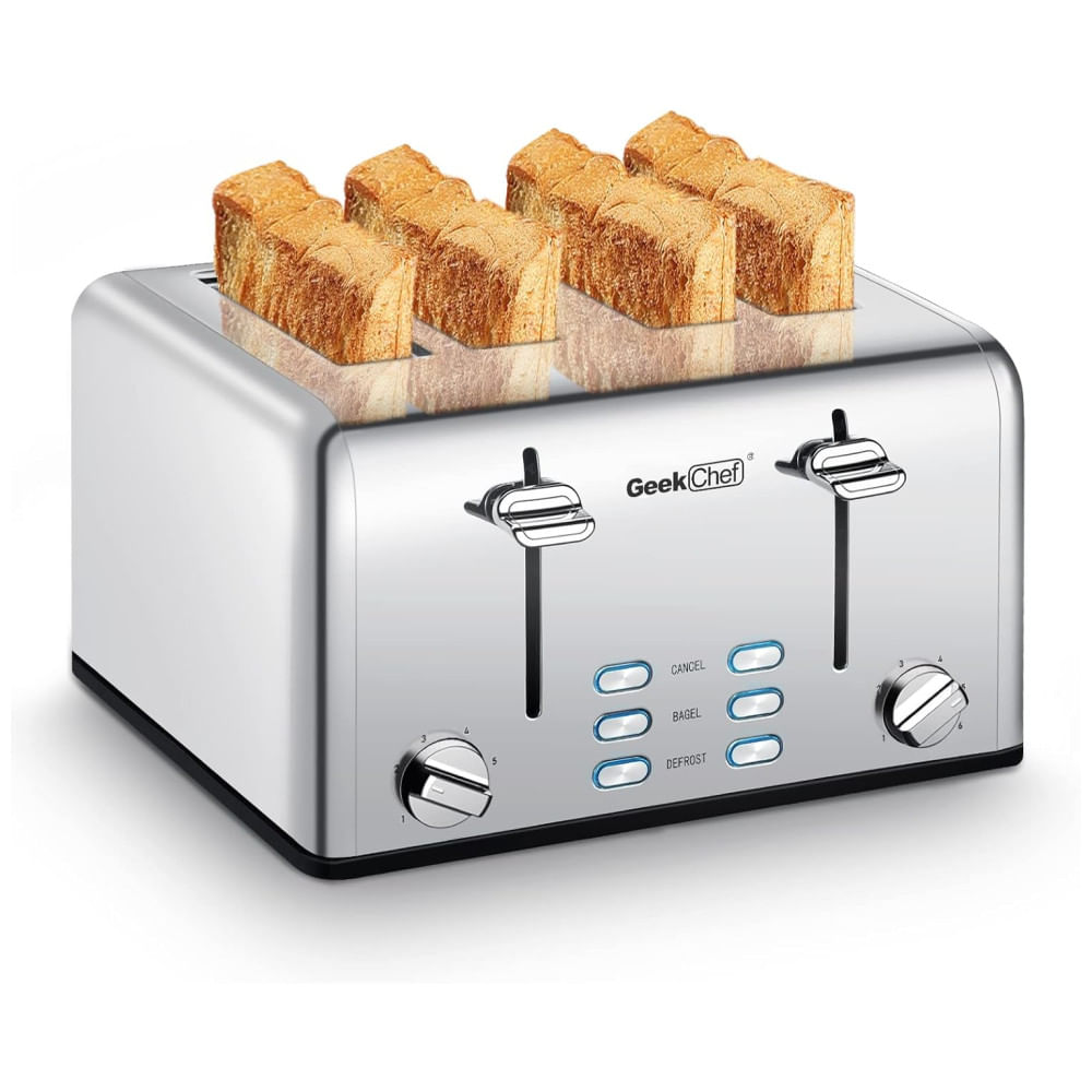 Torradeira Geek Chef Stainless Steel 4 Fatias, com Slots Extra Largos para Bagels, Bandeja Removível, Funções de Cancelar, Descongelar e Reaquecer