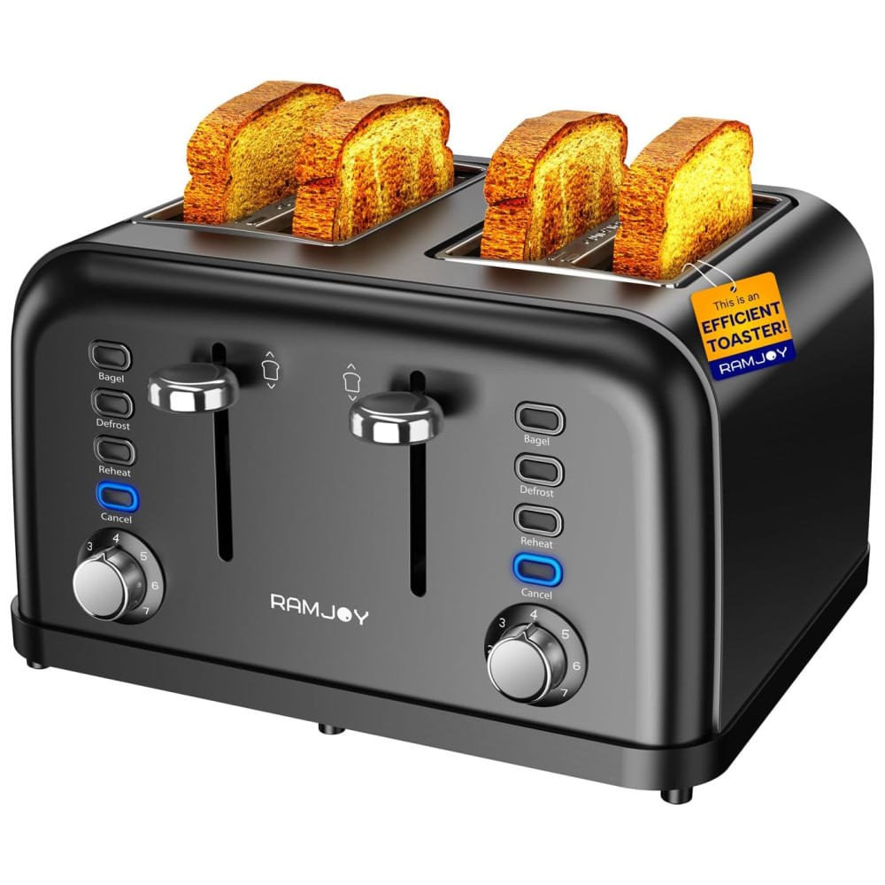 Torradeira 4 Fatias Preta, Controles Individuais, Espaço Extra Largo, 7 Níveis de Tostagem, 4 Funções, Ideal para Pães, Bagels e Waffles,RAMJOY