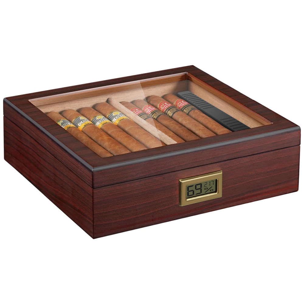 Umidor de Charutos Flauno em Cedro Espanhol com Higrômetro Digital, Umidificador e Divisor - Caixa Artesanal para Armazenamento Ideal de Charutos