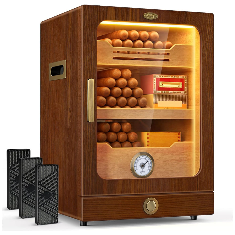 Umidor de Charutos Tesonway com Luz Automática, Prateleiras de Cedro Espanhol, Higrômetro, 3 Umidificadores e Gaveta de Acessórios - 120L.
