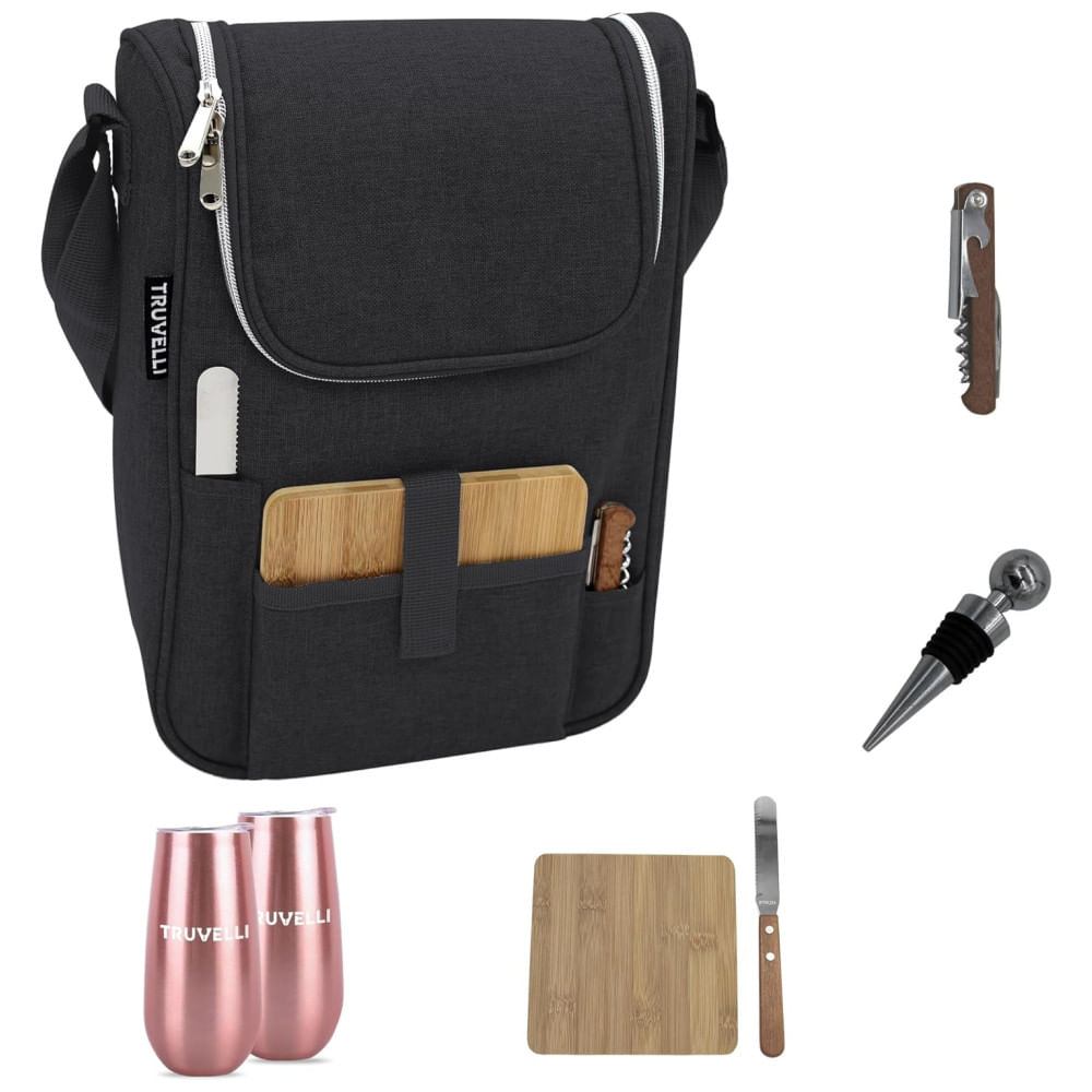 Bolsa Térmica para Vinho Truvelli Black - Kit Picnic Portátil para 2 Garrafas de Vinho com Queijo - À Prova dÁgua - Acessórios Inclusos,Plush Picnic
