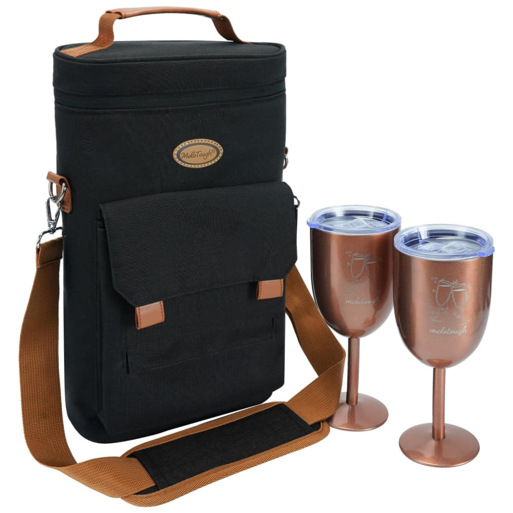 Bolsa Térmica para 2 Garrafas de Vinho MELOTOUGH com 2 Copos de Aço Inoxidável - Presente Portátil para Amantes de Vinho, Preto
