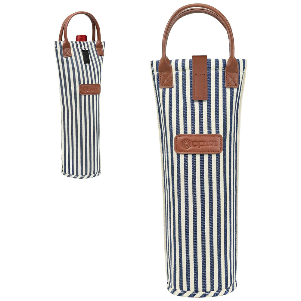 Bolsa Térmica para Vinho de 750ml: Ideal para Viagens e Piqueniques, Suporte Isolado para Vinho, Listras Azul Marinho,Opux