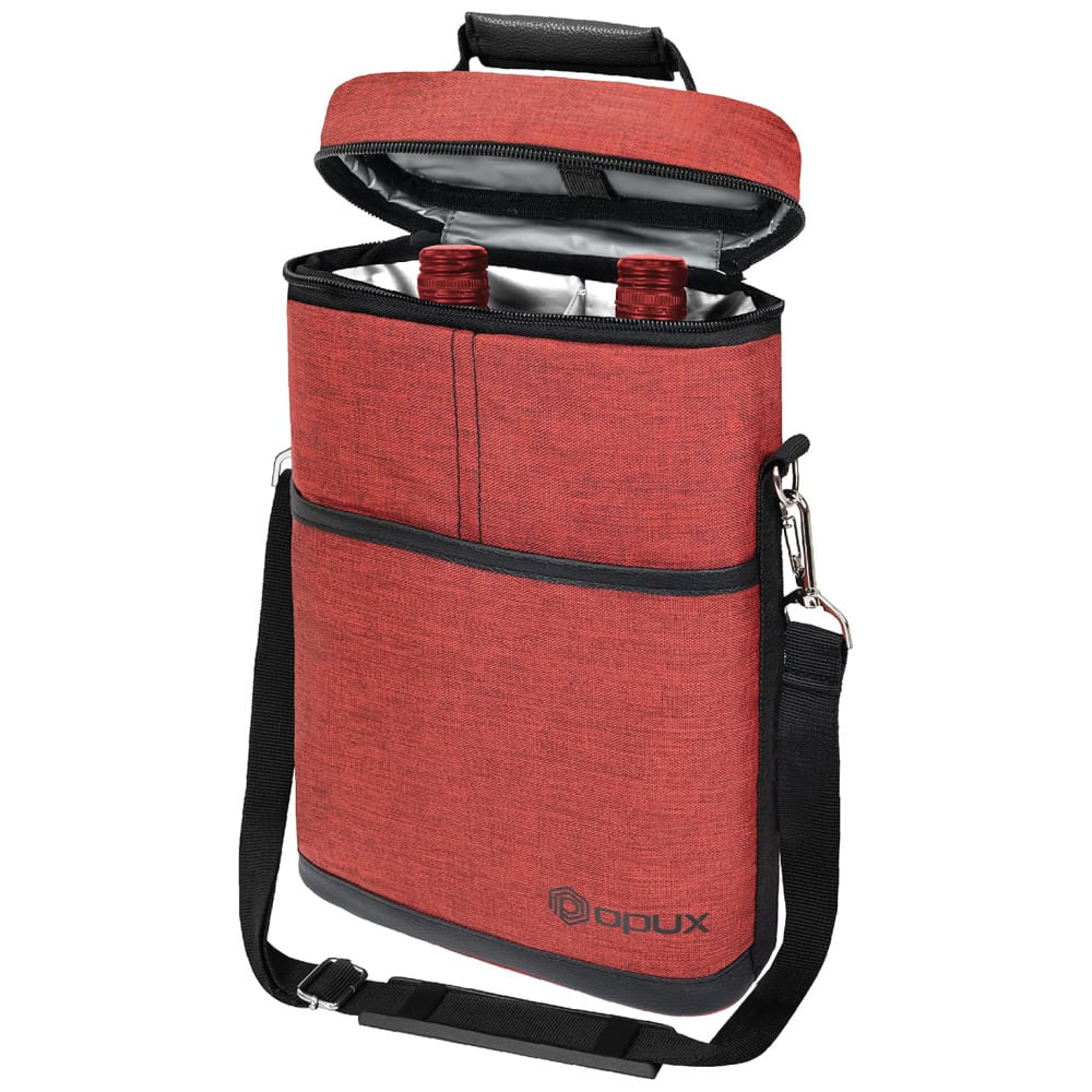 Bolsa Térmica para 2 Garrafas de Vinho OPUX, Porta-garrafas Isolado 2L, Ideal para Viagens, Piqueniques, Praia e Presente de Natal, Vermelha