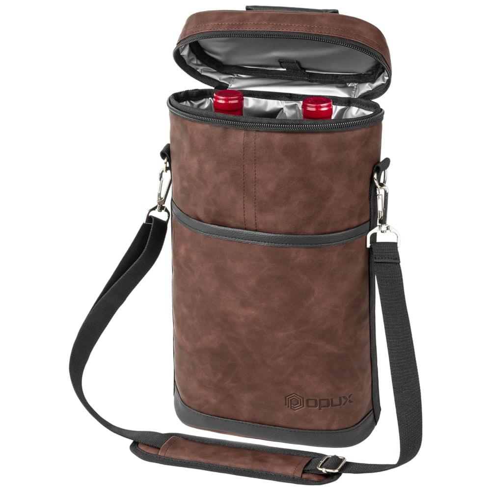 Bolsa Térmica para 2 Garrafas de Vinho OPUX em Couro Marrom - Ideal para Viagens, Piqueniques e Presente de Natal para Amantes de Vinho