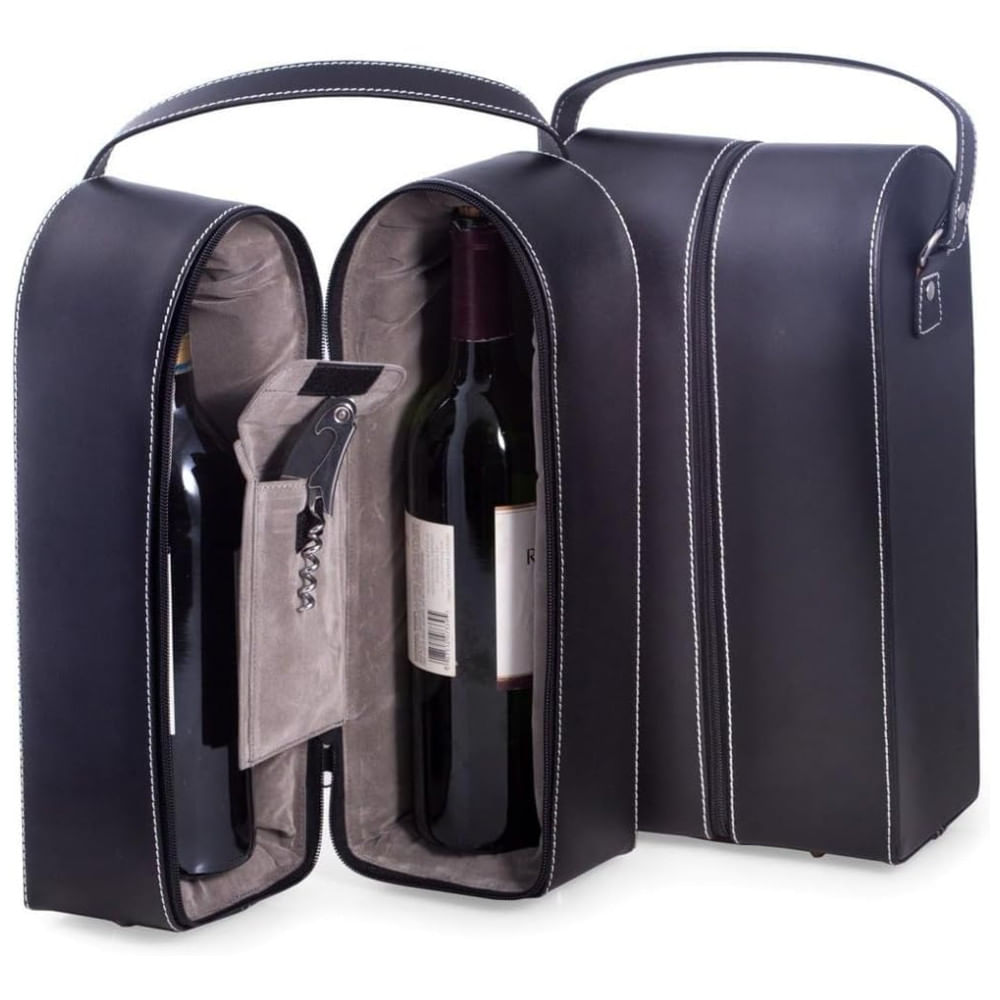 Bey-Berk Porta-Garrafas de Vinho em Couro Preto com Conjunto de Ferramentas, Bolsa de Viagem com Armazenamento Seguro e à Prova de Vazamentos