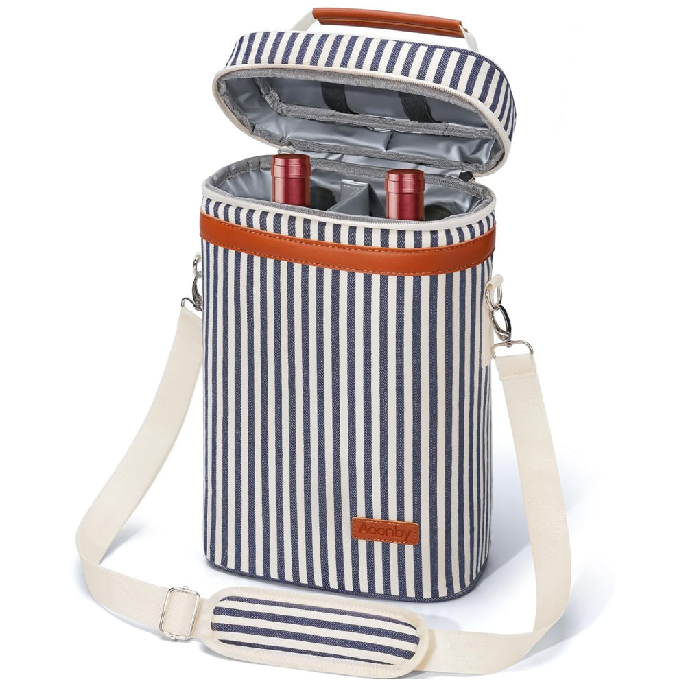 Bolsa Térmica para Transportar 2 Garrafas de Vinho, à Prova de Vazamentos, Ideal para Viagens, Praia, Jantares e Festas - Listras Azul Marinho,Aoonby