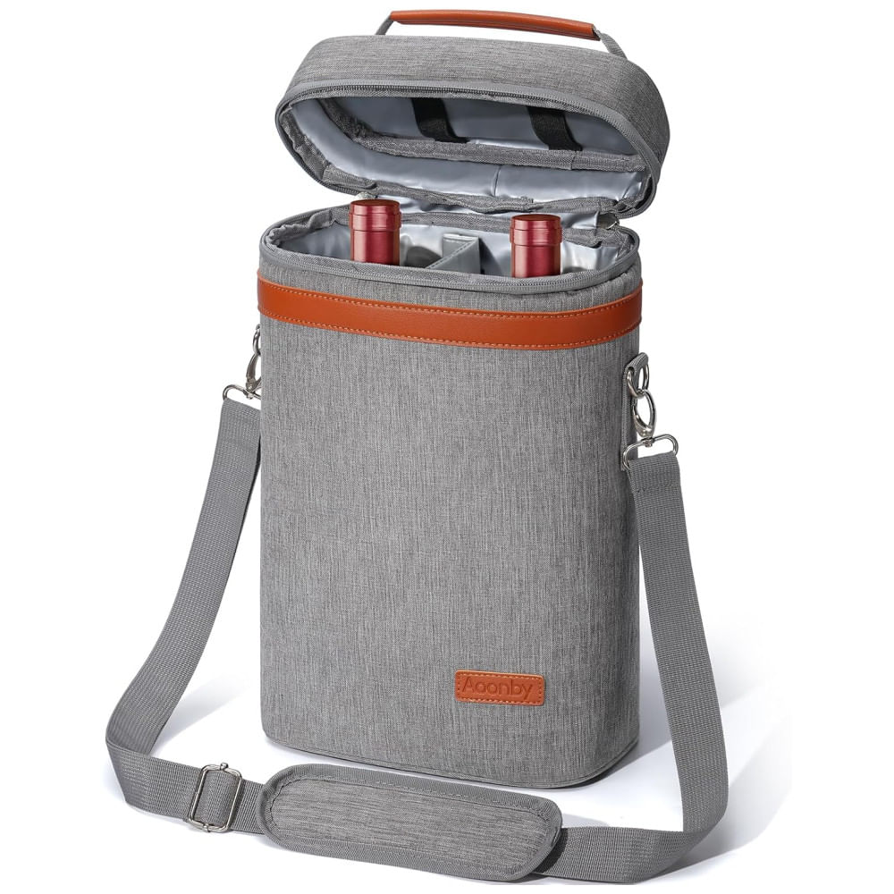 Sacola Térmica para 2 Garrafas de Vinho, à Prova de Vazamentos, Isolada para Viagem, Piquenique, Praia, Jantar, Festa, Presentes de Natal Cinza,Aoonby
