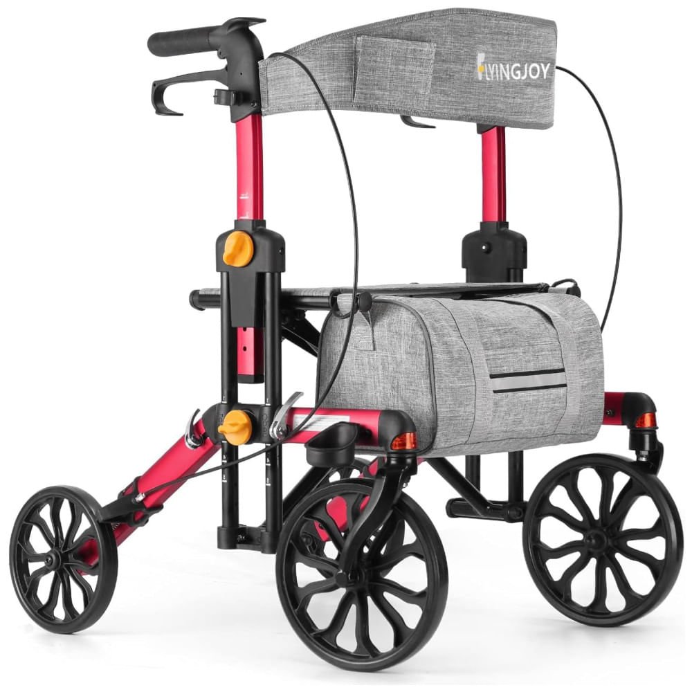 Andador para Terreno Acidentado com Assento e Encosto, Suporte para Bengala, Rodas Dianteiras de 25 cm, Rodas Traseiras de 20 cm,FlyingJoy