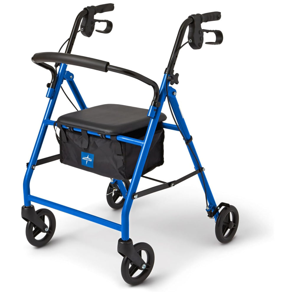 Andador Rollator de Aço Medline para Mobilidade de Adultos com Limitações, Azul, Suporta até 158,7 kg, 6 Rodas, Dobrável, Manoplas Ajustáveis