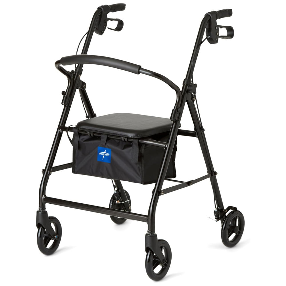 Andador Rollator de Aço Medline para Mobilidade de Adultos com Deficiência, Preto, Suporta até 136 kg, 6 Rodas, Dobrável, Manoplas Ajustáveis,Medline
