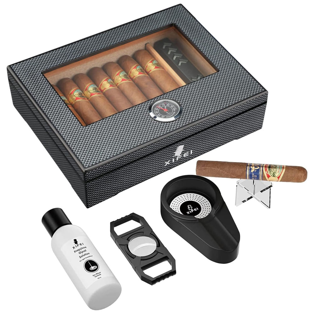 Umidor de Charutos XIFEI com Fibra de Carbono, Visor de Vidro e Acessórios Premium - Capacidade para 25-60 Charutos, Garantindo Umidade e Estilo