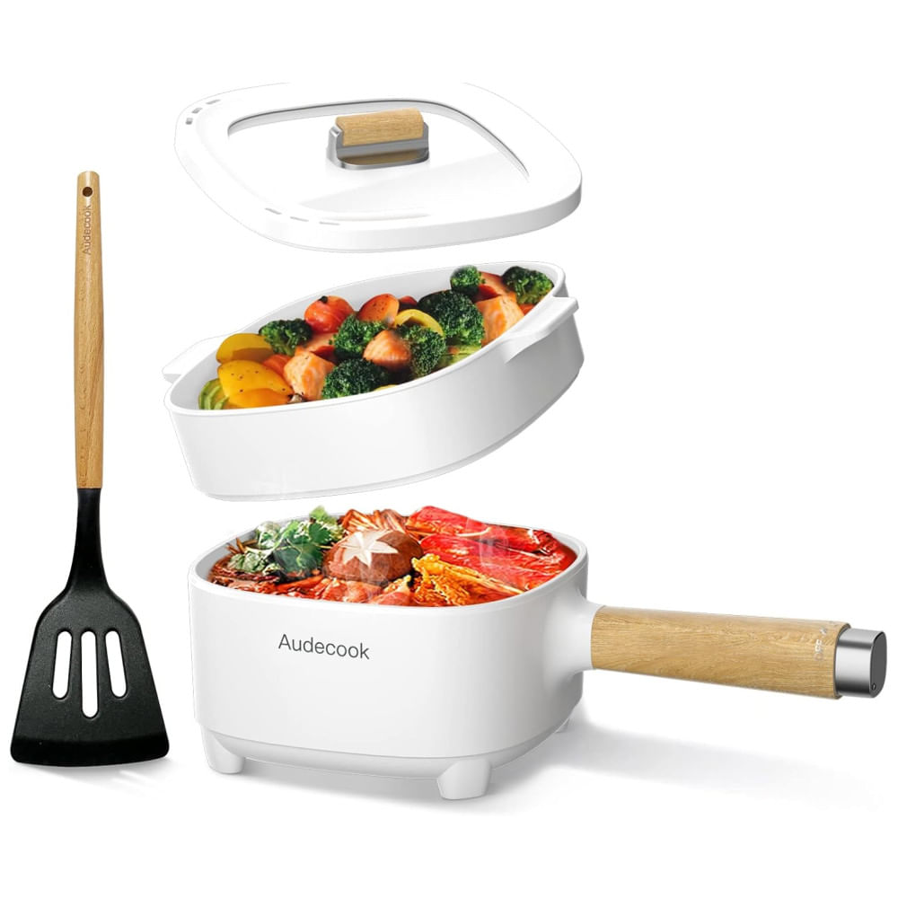 Panela Elétrica Audecook Hot Pot 2L c/ Revestimento Cerâmico Antiaderente, Frigideira 20cm, Fogareiro Portátil p/ Ramen, Bife, Arroz, Aveia