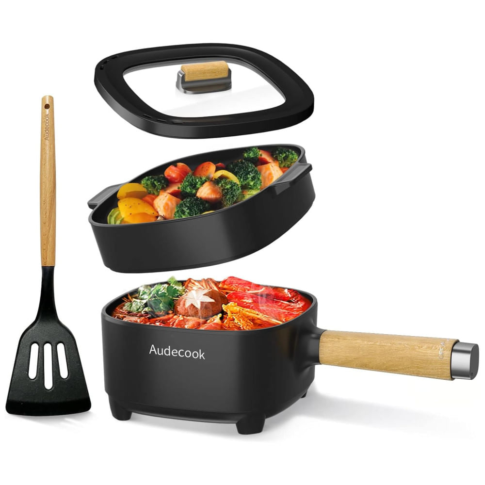 Panela Elétrica Audecook Hot Pot 2L com Revestimento de Cerâmica Antiaderente de 20 cm, Cooker Portátil para Ramen, Bife, Arroz Frito, Aveia e Sopa.